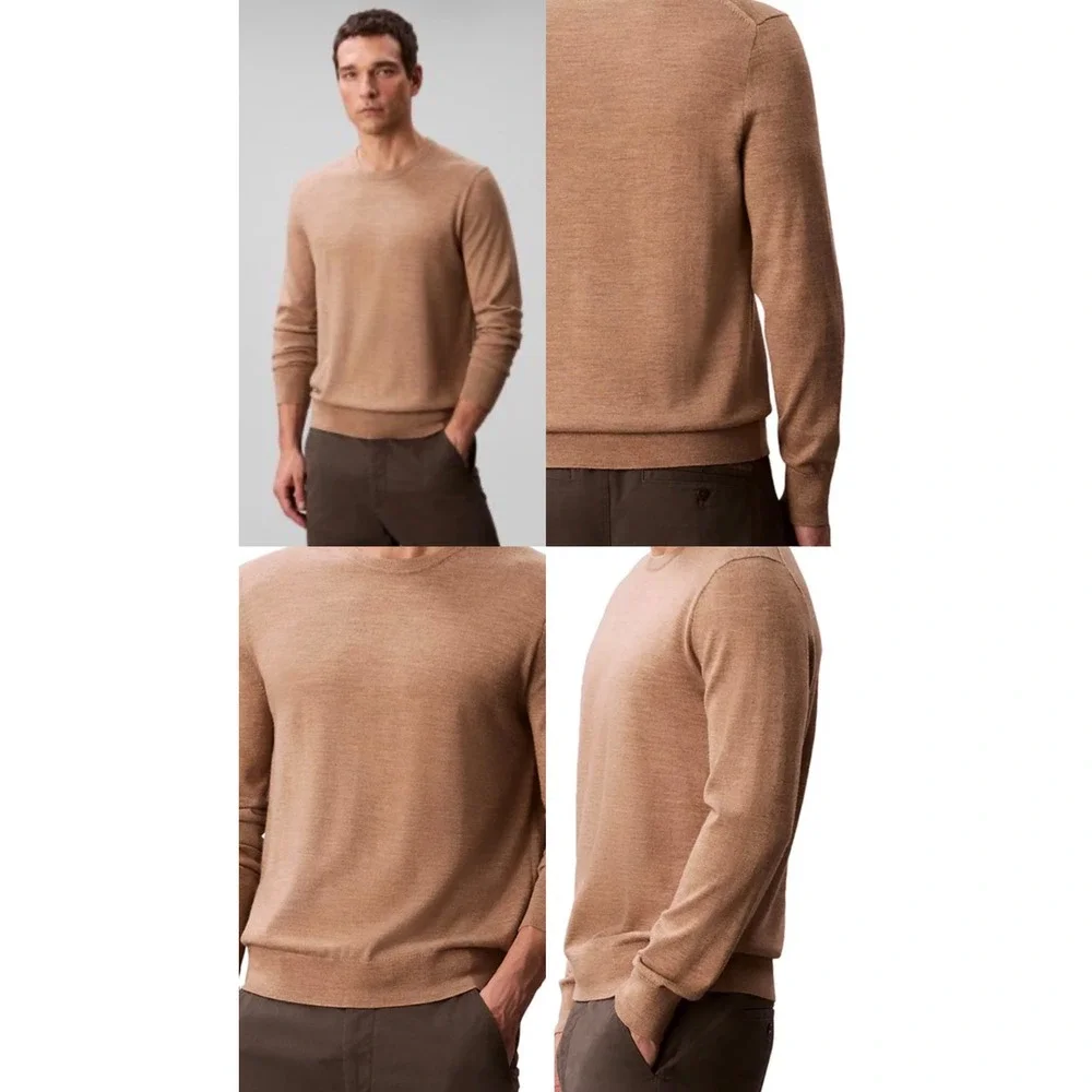 Calvin Klein Mens Merino Wool Blend Crewneck Sweater Camel Tan L S104-0001 NWT